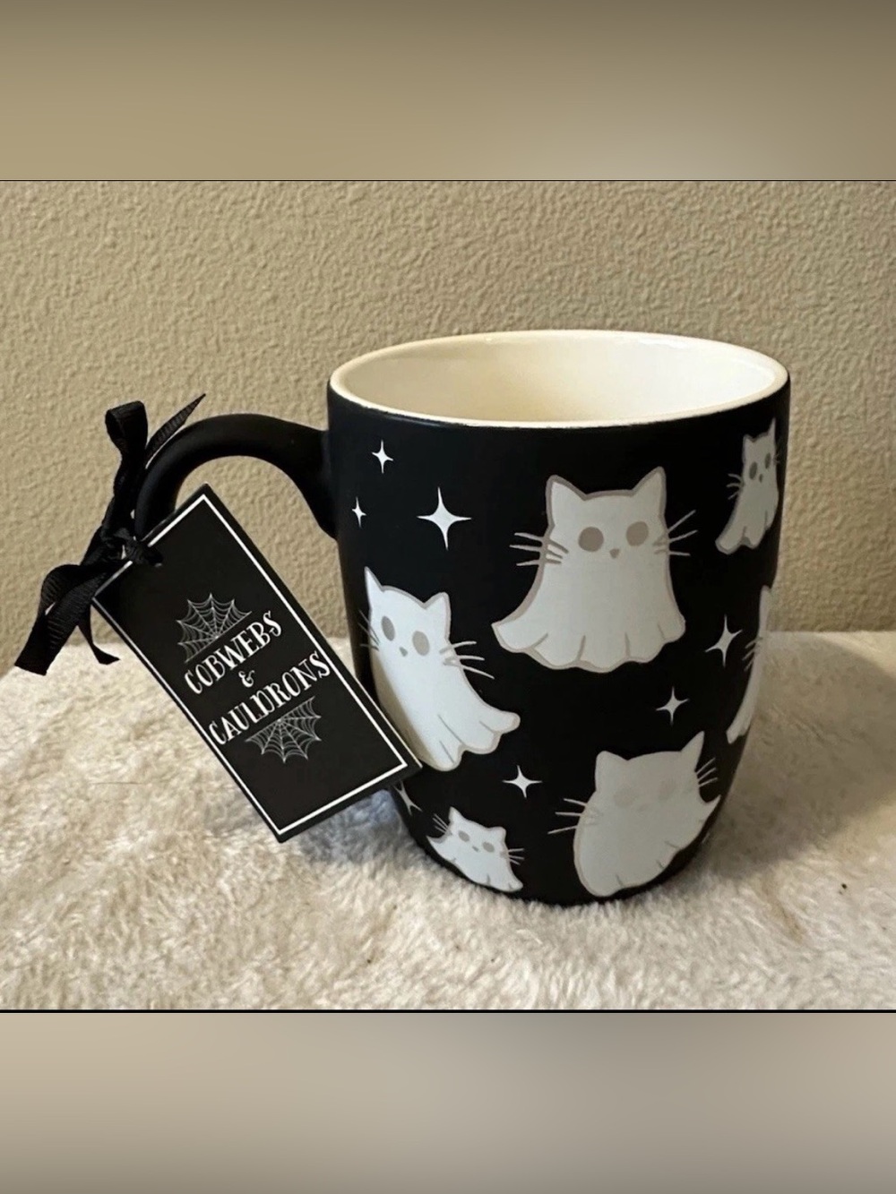 NEW Cobwebs & Cauldrons Halloween Black Silver Ghost Cats Mug Coffee Tea